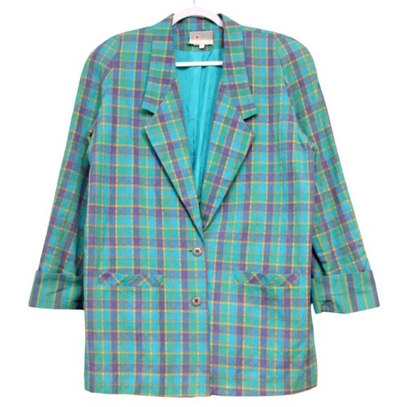 Jill Martin Jackets & Blazers - Vintage 80s 90s Blazer Large Multicolor Plaid Preppy Classic 100% Cotton USA